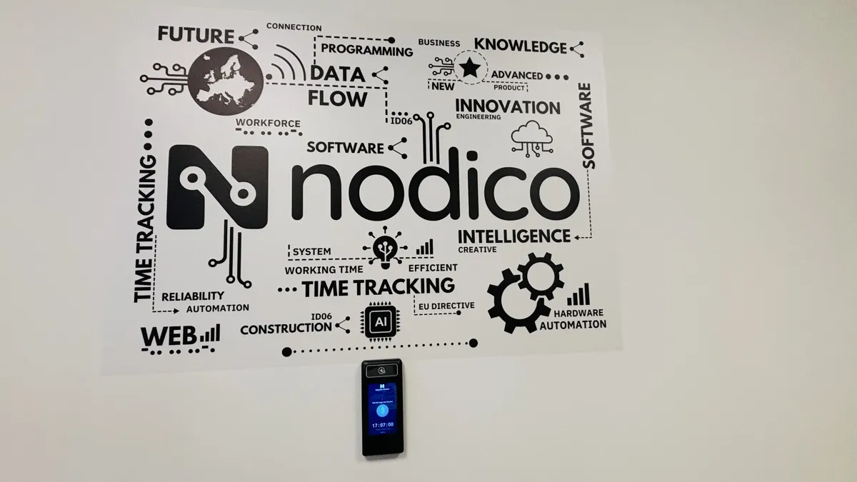 Nodico Box monterad med väggfäste på en kontorsvägg under en Nodico-affisch