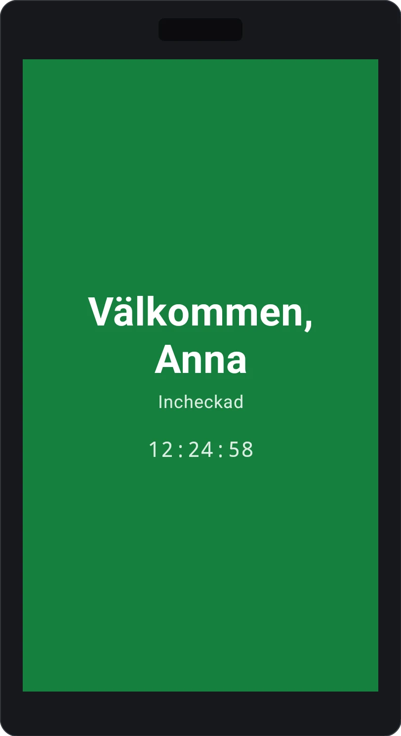 Nodico Box-skärmen visar grön bakgrund med texten Välkommen, Anna och Incheckad