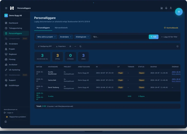 Nodicos personalliggare med namn, projekt, incheckningstid och status