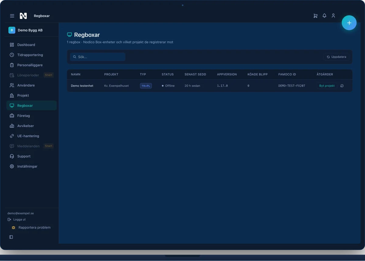 Regboxlistan i Nodico med namn, projekt, typ, status, senast sedd, appversion och köade blipp